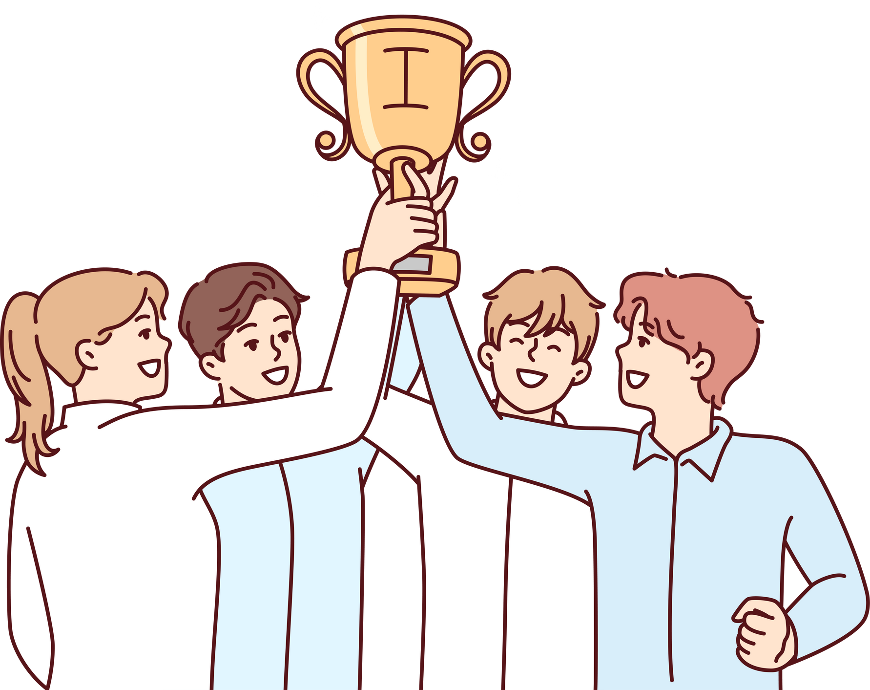 Tight-Knit Team of Startup Raises Cup over Heads after Winning in Business Competition. Vector Image